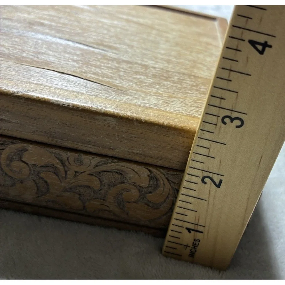 Jewelry Box Geometric Wood Carved Side Velvet Mustard Lining Vintage MCM *flaws